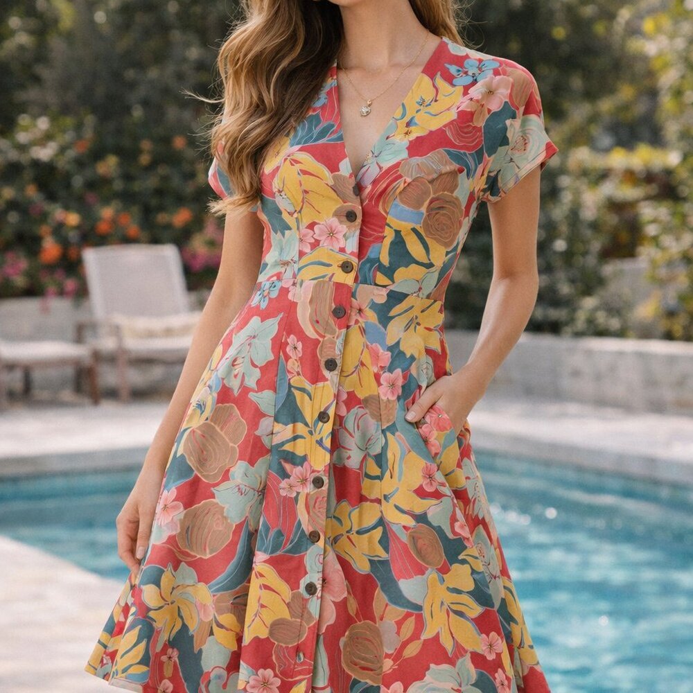 Marine Layer Camila Floral Button Front Hemp Fit Flare Mini Dress Pockets XS